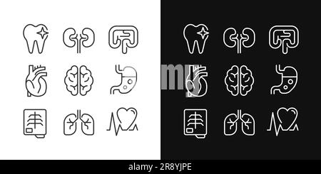Organs regular checkup pixel perfect linear icons set for dark, light mode Stock Vector