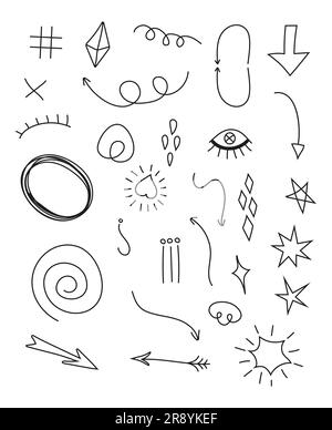 Doodle infographics elements vector for social media. Specech bubbles, arrows, crowns, stars for social net in hand drawn doodle style. Stock Vector