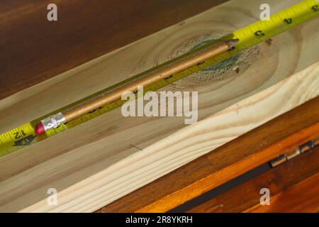 Material measuring inches copy space backgrounds working tools cutting carpentry Stock Photo