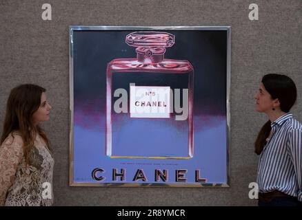 Bonhams, London, UK. 23rd June, 2023. Preview of the Prints & Multiples sale (to be held on 27 June), highlights include: Andy Warhol (American, 1928-1987), Chanel from Ads. Screenprint in colours, estimate: £80,000-120,000. Credit: Malcolm Park/Alamy Live News Stock Photo