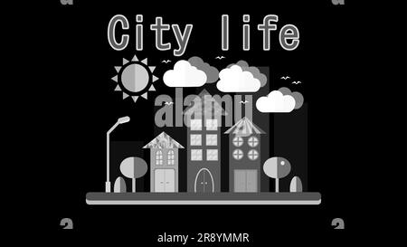 Urban black and white landscape in a simple flat style with different tall houses and skyscrapers, lanterns and trees sky, sun and clouds and the insc Stock Vector