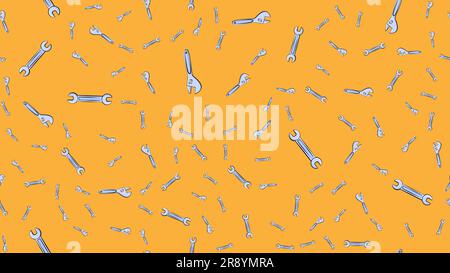 Texture, seamless abstract pattern of building metal plumbing plumbing sliding wrenches for repair on a yellow, orange background. Vector illustration Stock Vector