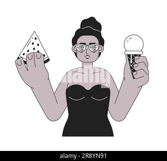 Watermelon and ice cream on beach monochrome vector spot illustration Stock Vector