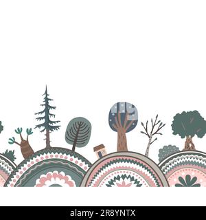 Horizontal nursery seamless doodle background with textured hills and doodle trees. Cartoon hand drawn vector border illustration of summer, spring or Stock Vector