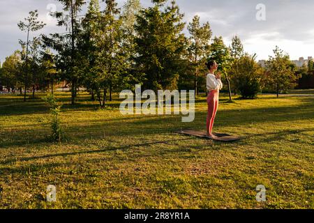Wide shot of relaxed yogini female with closed eyes practicing yoga performing namaste pose, background of sunbeam green grass on summer park. Stock Photo