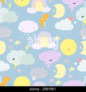 Seamless Pattern with Cute Cartoon Weather on Blue Background Stock Vector