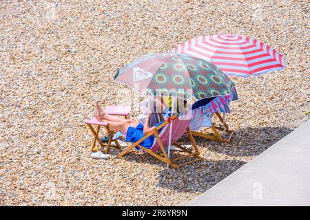 Lyme Regis, Dorset, UK. 23rd June, 2023. UK Weather: Sunseekers reading the newspaper on the beach at the seaside resort of Lyme Regis on an afternoon of hot sunshine . A hot and muggy start to the weekend with temperatures set to rise further over the weekend as the June heatwave continues into the weekend. Credit: Celia McMahon/Alamy Live News Stock Photo