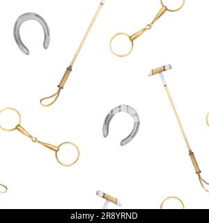 Seamless minimalistic pattern with watercolor illustrations of golden and silver metal horseshoes and snaffles, horse polo sticks , isolated. Print on Stock Photo