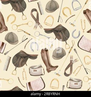 Seamless minimalistic pattern with watercolor illustrations of golden horseshoes and snaffles, saddle, boots, helmet, pad, horse polo sticks,isolated Stock Photo