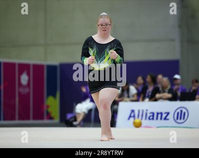 Berlin, Germany. 21st June, 2023. Ailis Colgan of SO Ireland performs during the rhythmic gymnastics on the Special Olympics World Games Berlin 2023, Stock Photo