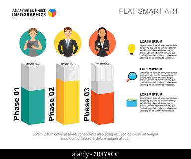 Three phases work percentage chart template for presentation Stock Vector