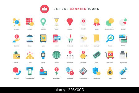 Trendy flat color icons for finance, bank accounting business analysis, including budget management, economy financial investment, expenses, banking protection, contract vector illustration Stock Vector