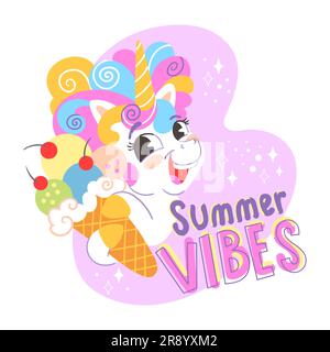 Cute cartoon character unicorn with an ice cream and rainbow mane. Vector isolated illustration. White background. Lettering summer vibes. For print, Stock Vector