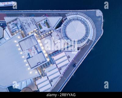 Aerial view of Lowry Centre at dusk, Salford Quays, Manchester, England Stock Photo