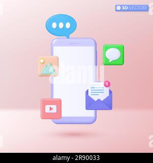 Smartphone and Applications icon symbols. Multimedia, chat, Marketing planning, photo, reminder letter online email concept. 3D vector isolated illust Stock Vector