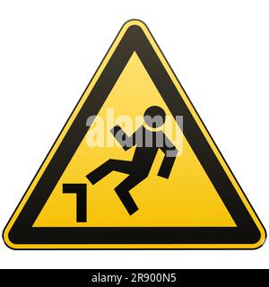 Caution, possible fall from height. Attention is dangerous. Warning sign. Security measures. Yellow triangle with a black image. Isolated object on wh Stock Vector