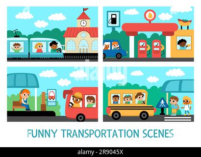 Vector transportation scenes set. Cute kids driving different transport. Horizontal landscapes with boys and girls on railway, gas station. Cartoon ch Stock Vector