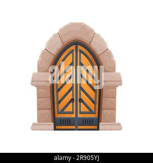 Cartoon medieval castle gate, wooden door of old house, church or fortress tower. Vector wood door, entrance or portal with stone arch frame, ring pull handles, forged iron rivets and heavy panels Stock Vector
