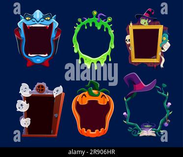 Cartoon Halloween holiday frames and borders. Spooky and fun vector frameworks with ghosts, pumpkin, door, witch, skeleton and zombie, vampire, goo and monster. Playful, colorful Hallowmas decor set Stock Vector