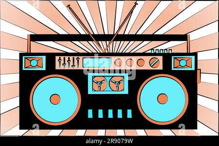 Old black retro vintage antique hipster obsolete cassette music audio tape recorder against the background of orange rays. Vector illustration. Stock Vector