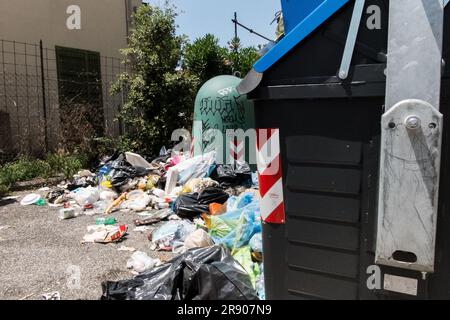 Rome, Italy. 23rd June, 2023. Rome separate collection of rubbish buckets, full of rubbish, near the Lazio Regional Council building. (Photo by Andrea Ronchini/Pacific Press) Credit: Pacific Press Media Production Corp./Alamy Live News Stock Photo