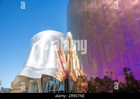 Seattle, WA, USA-July 2022; Low angle view of part of the sheet-metal construction of the façade of the Museum of Pop Culture (MoPOP) founded by Paul Stock Photo