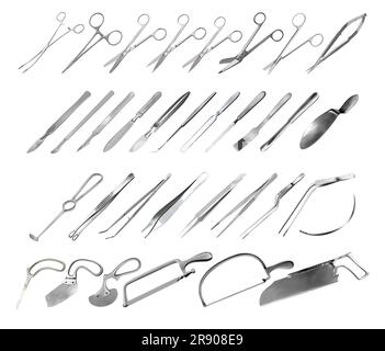 Set Of Surgical Instruments. Tweezers, Scalpels, Saws, Amputation 