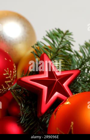 Star, Christmas balls and fir branch, Christmas tree decorations, fir green Stock Photo