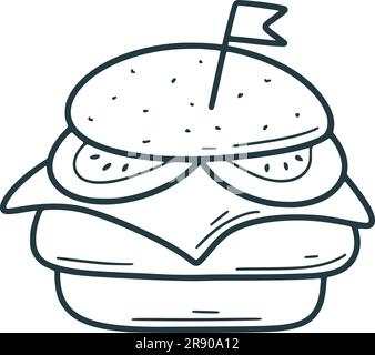 Hand drawn burger. Fast food bun with cutlet, cheese, lettuce and tomato, ink doodle sketch. Street food hamburger, isolated vector illustration Stock Vector