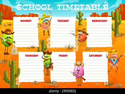 Education timetable schedule, cartoon vitamin cowboy, ranger bandit and sheriff characters, vector weekly planner. Funny vitamins in cowboy hat and Western rifle for school lessons timetable schedule Stock Vector