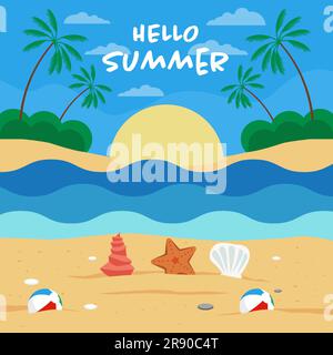 flat design vector hello Summer on the beach with starfish, shell, slippers, and balls Stock Vector