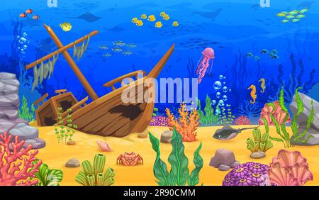 Cartoon underwater landscape with jellyfish and sunken ship on ocean ...
