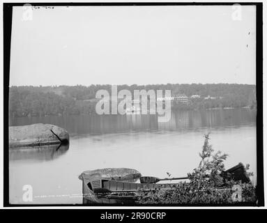 The Waubeek i.e. Wawbeek Inn from Burt's i.e. Bartlett's? Island, Upper Saranac Lake, Adirondack Mountains, c1902. Stock Photo