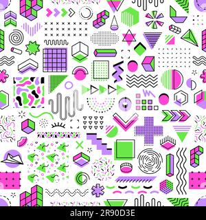 Memphis geometric shapes seamless pattern with abstract line elements, bright circles, triangles and squares. Vector background with doodle ornament of green, pink and purple dots, waves and arrows Stock Vector
