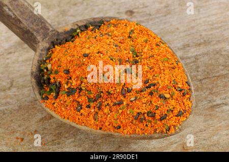 Shimichi Togarashi, ingredients chili, orange peel, sesame, seaweed, Japanese mountain pepper, ginger, chili Stock Photo