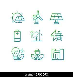 Sustainable power sources pixel perfect gradient linear vector icons set Stock Vector