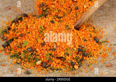 Shimichi Togarashi, ingredients chili, orange peel, sesame, seaweed, Japanese mountain pepper, ginger, chili Stock Photo