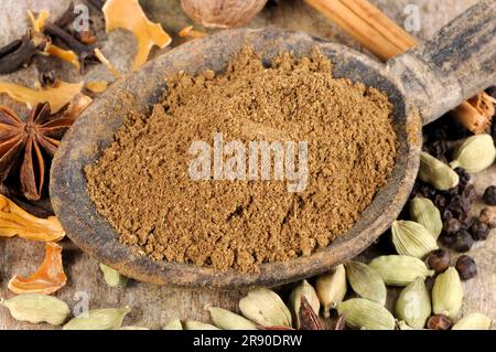 Garam masala powder, ingredients cardamom, cloves, nutmeg, mace, black pepper, cinnamon, ginger, coriander Stock Photo