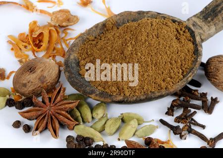 Garam masala powder, ingredients cardamom, cloves, nutmeg, mace, black pepper, cinnamon, ginger, coriander Stock Photo