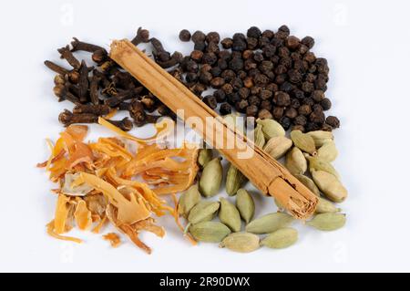 Garam Masala ingredients cardamom, cloves, mace, cinnamon Stock Photo