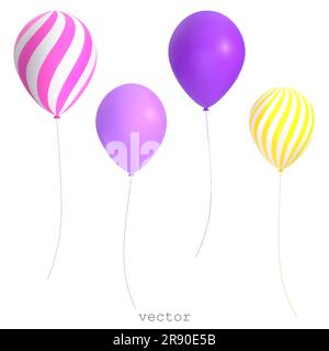 3D vector Air balloons. Striped purple, yellow, pink festive decorative elements. Celebration, birthday design objects. Colorful vector illustration i Stock Vector