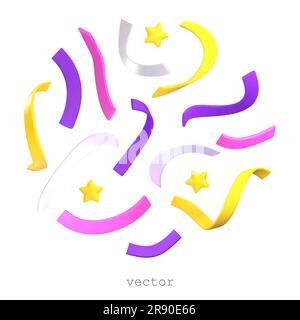 Set of vector 3D Confetti, Serpentine, Stars. Colorful Firecracker Elements in Various Shapes. Party, Holyday, Surprise or Birthday Events. Cartoon St Stock Vector