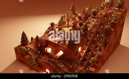 Vinatge wooden marble run toy with forest theme and warm lighting. Retro marble machine with miniature town theme. Stock Photo