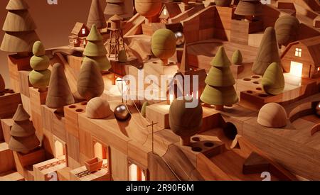 Vinatge wooden marble run toy with forest theme and warm lighting. Retro marble machine with miniature town theme. Stock Photo