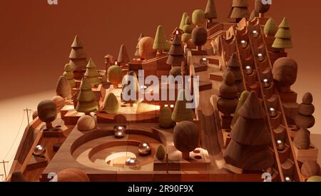 Vinatge wooden marble run toy with forest theme and warm lighting. Retro marble machine with miniature town theme. Stock Photo