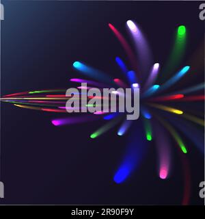 Multicolored abstract glowing festive salute, fireworks, magical energy, brilliant electric cosmic fiery of lines, stripes, rays of light on a colored Stock Vector
