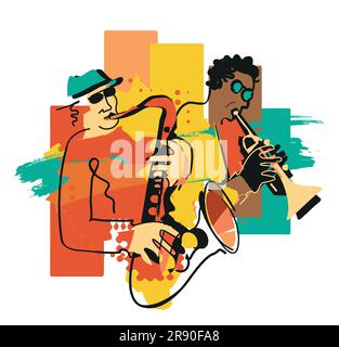 Jazz theme, trumpet player and saxophonist. Expressive colorful Illustration of two jazz musicians. Isolated on white background. Vector available. Stock Vector