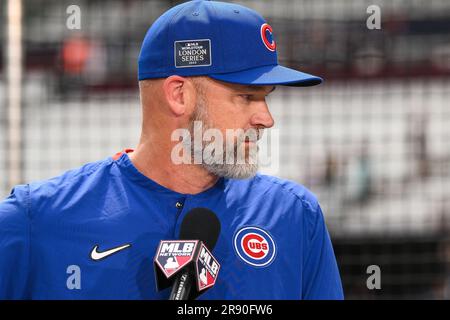 David Ross #3 Manager of the Chicago Cubs during batting practice ahead of  the 2023 MLB London Series match St. Louis Cardinals vs Chicago Cubs at  London Stadium, London, United Kingdom, 24th