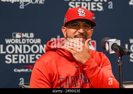 St. Louis, United States. 29th Mar, 2023. St. Louis Cardinals Manager  Oliver Marmol talks with reporters during a workout session at Busch  Stadium in St. Louis on Wednesday, March 29, 2023. St.