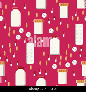 Medical seamless pattern, the texture of medicinal pharmaceutical tablets, cans, capsules, vitamins, drugs, plates, antibiotics, omega 3 fish oil isol Stock Vector